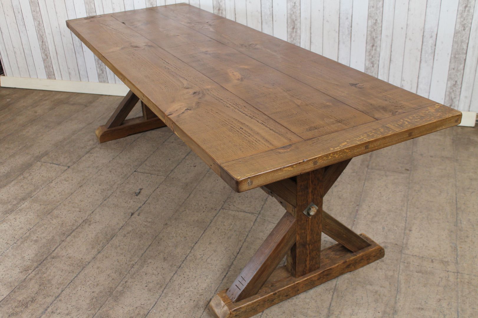 LARGE 10FT HANDMADE TO ORDER RECLAIMED PINE TRESTLE BASE DINING TABLE